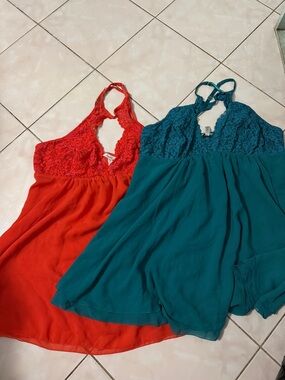 Soma Lace Halter Nightgown Set in Red and Teal